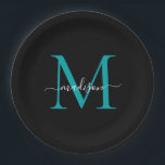 Chic Black Aquamarin Green Monogram Modern Script  Pappteller<br><div class="desc">Einfache,  moderne Schwarz Aquamarin-Grün-Monogramm Moderne Feminine-Script-Namenspapulte</div>