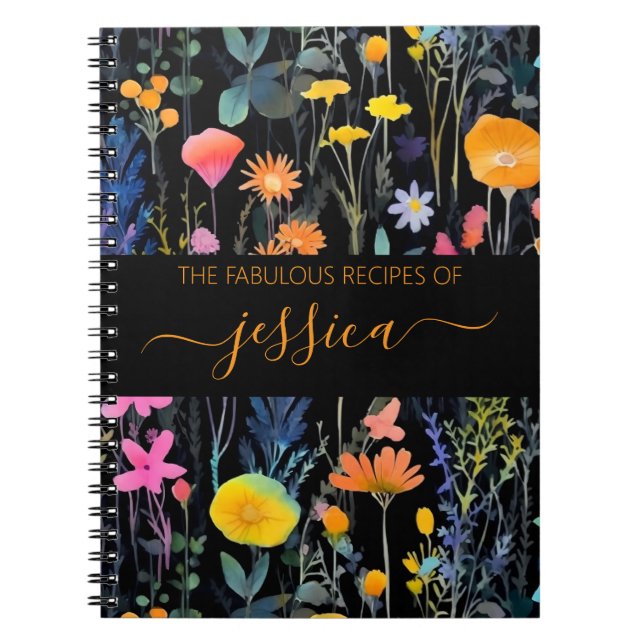 Chic Black Aquarell Wildblumen Name Rezept Notizblock (Vorderseite)
