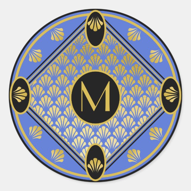 Chic Black & Azure Art Deco Lüftermuster Monogramm Runder Aufkleber (Vorderseite)