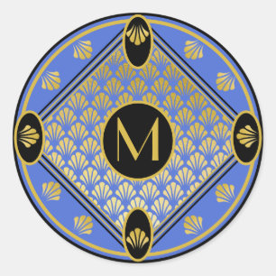 Chic Black & Azure Art Deco Lüftermuster Monogramm Runder Aufkleber