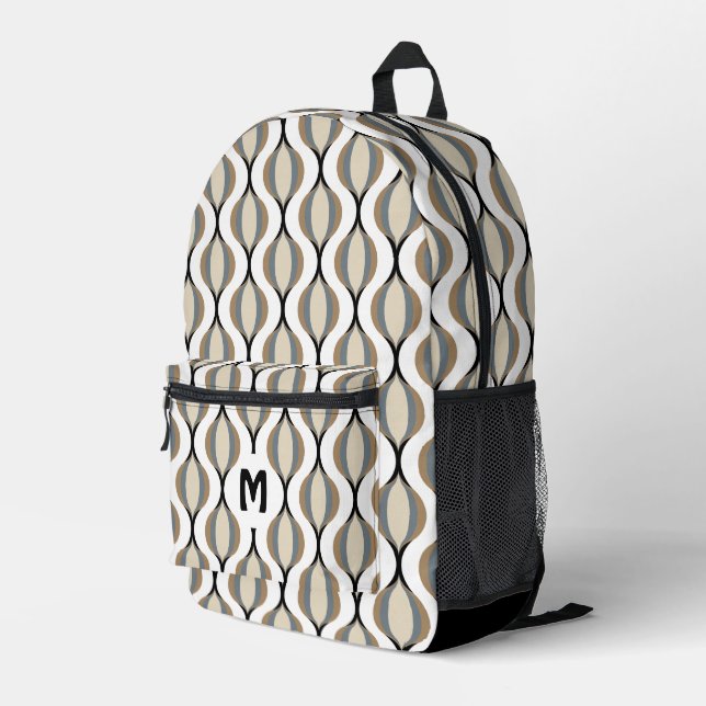 Chic Black Beige Grau Midjahrhundert Waves Muster Bedruckter Rucksack (Rückseitige Ecke Rechts)