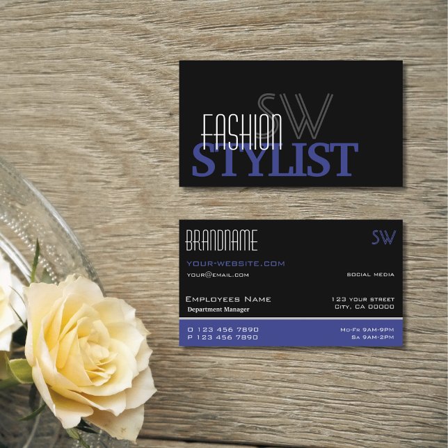 Chic Black Blue und White Simple mit Monogram Visitenkarte (Von Creator hochgeladen)