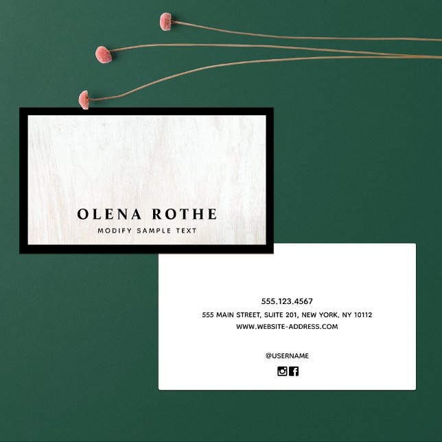 Chic Black Border White Wood Beruflich Telefonnummerkarte (Von Creator hochgeladen)