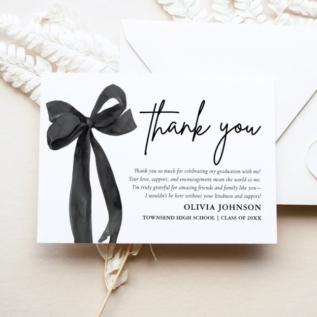Chic Black Bow Coquette Carte de remerciements de  (Chic Black Bow Coquette Graduation Thank You Card)