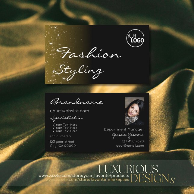 Chic Black Brown Glitzer Stars mit Logos und Foto Visitenkarte (Von Creator hochgeladen)