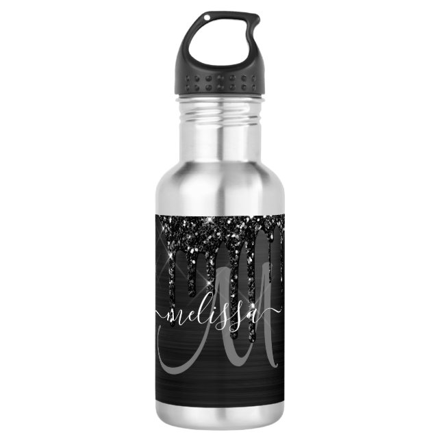 Chic Black Brushed Metal White Monogram Edelstahlflasche (Vorderseite)