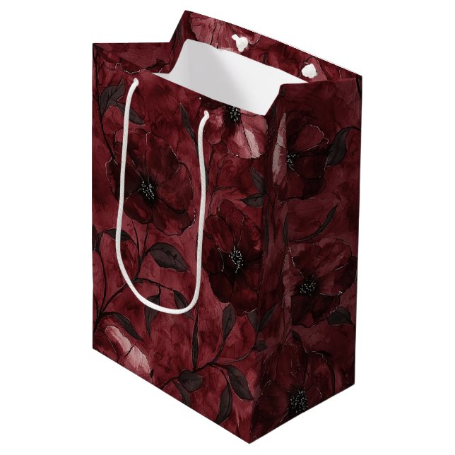 Chic Black Burgundy Red Floral Brautparty Mittlere Geschenktüte (Vorderseite Schrägansicht)