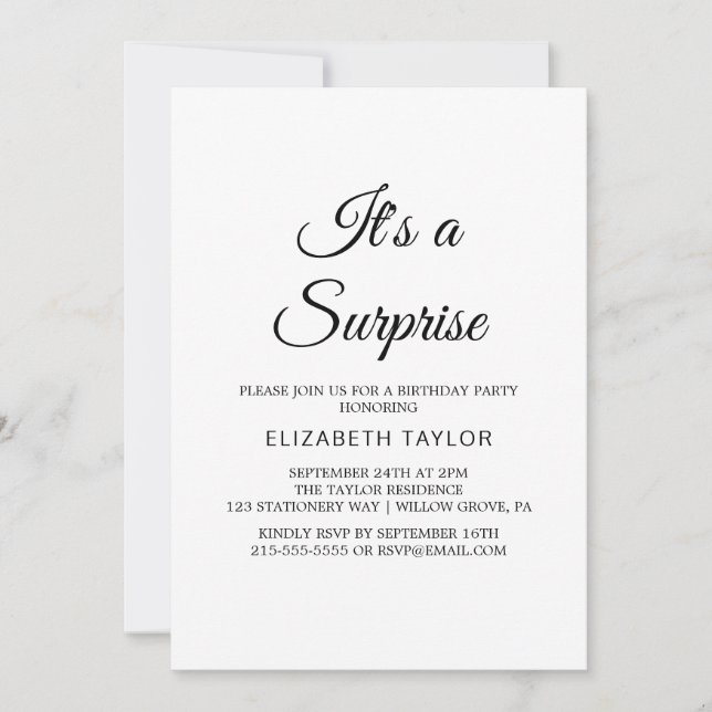 Chic Black Calligraphie Surprise Party Invitation (Devant)