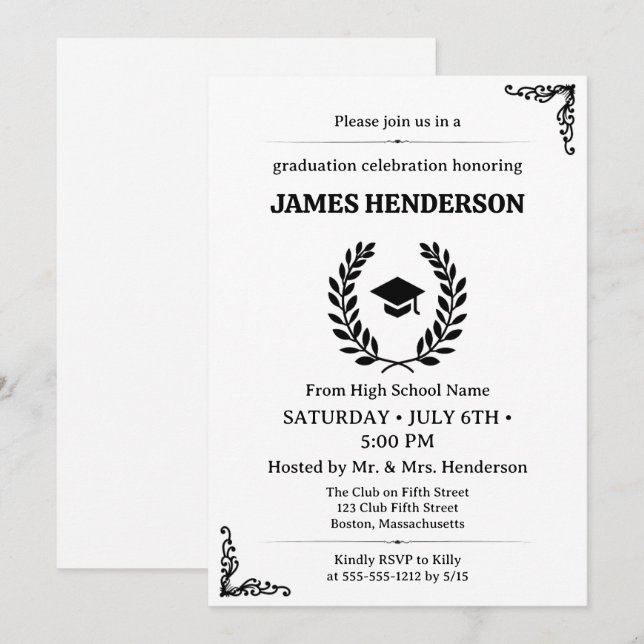 Chic Black Calligraphy Graduation Party 2025 Einladung (Vorne/Hinten)