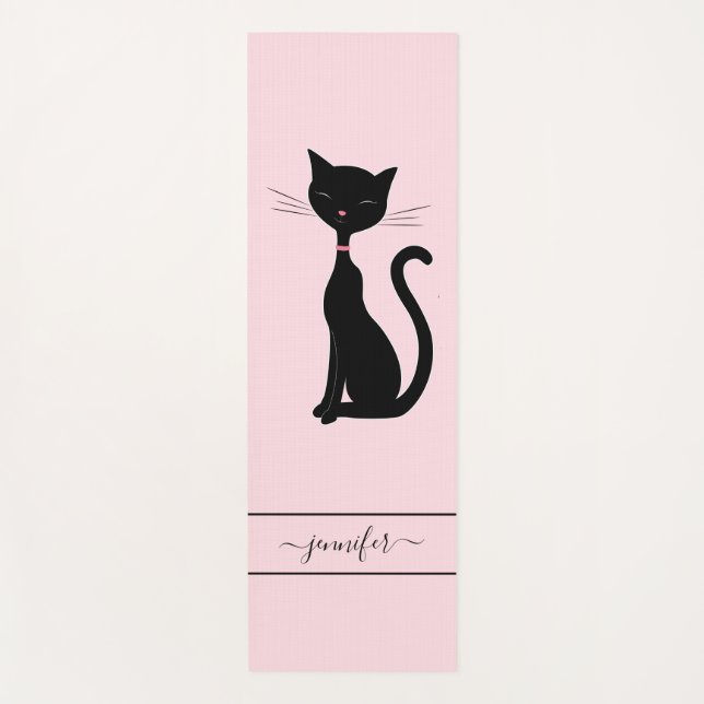 Chic Black Cat Personalisiert Name Pink Yogamatte (Vorderseite)