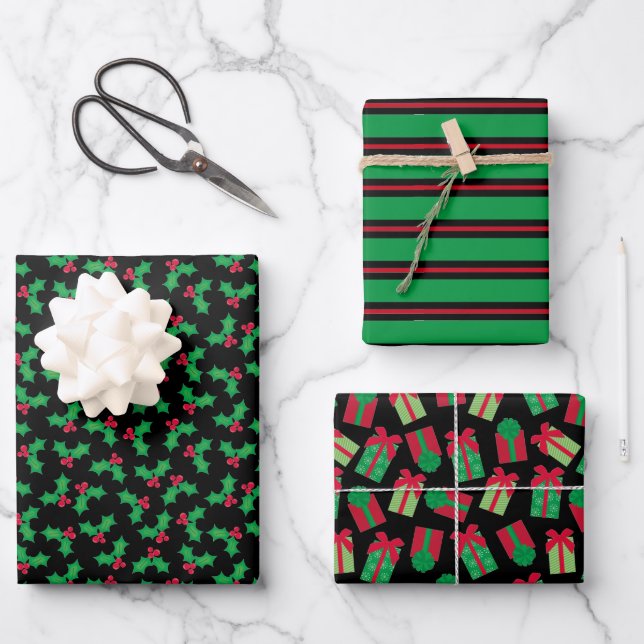 Chic Black Christmas Wrapping Paper Sheets Geschenkpapier Set (Vorderseite)