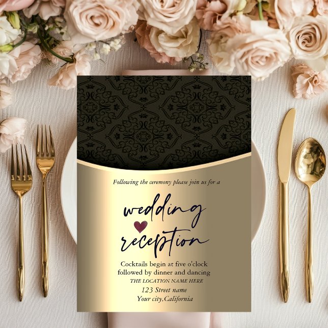 Chic Black Damask Gold Hochzeitsempfang Einladung (Von Creator hochgeladen)