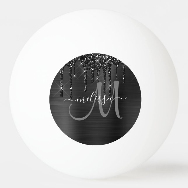 Chic Black Dripping Glitzer Brush Metal Monogram Tischtennisball (Vorderseite)