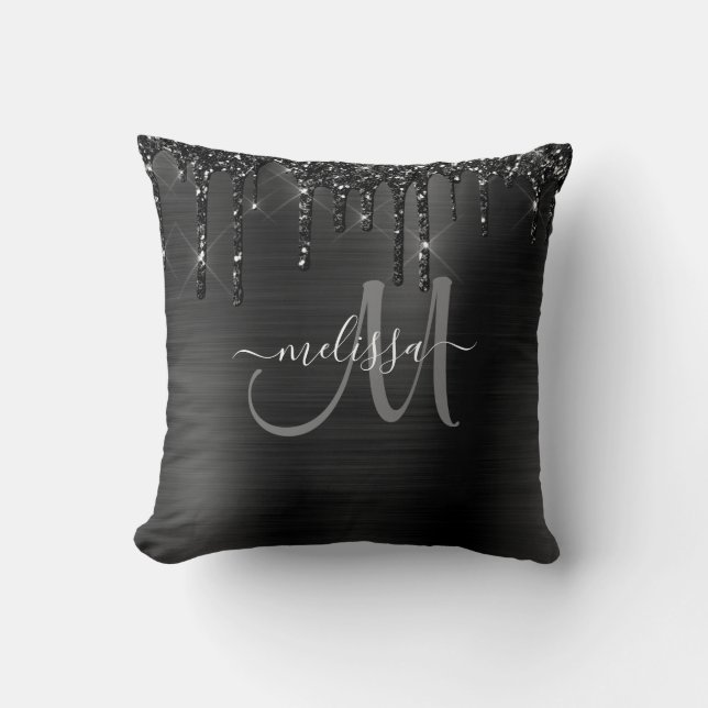 Chic Black Dripping Glitzer Brushed Metal Monogram Kissen (Vorderseite)