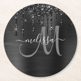Chic Black Dripping Glitzer Brushed Metal Monogram Runder Pappuntersetzer