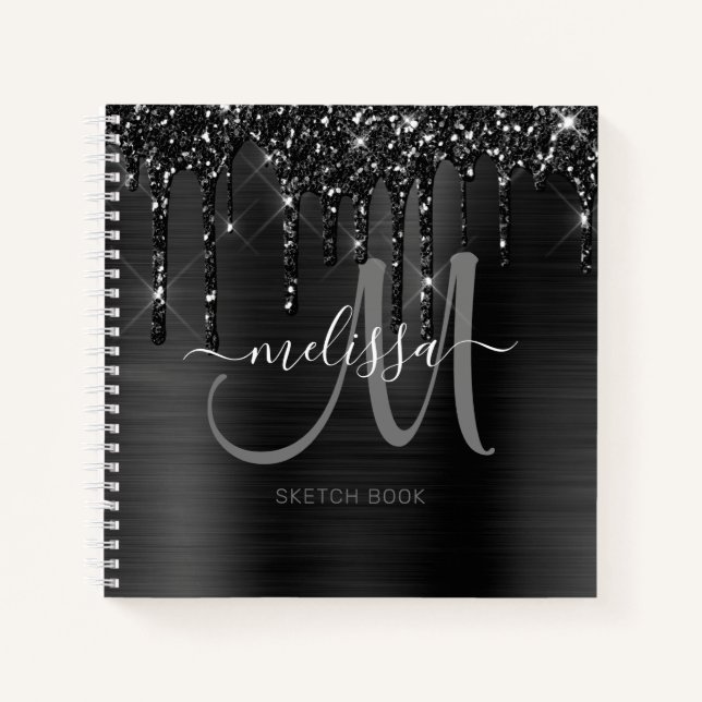 Chic Black Dripping Glitzer Brushed Metal Sketch Notizbuch (Vorderseite)