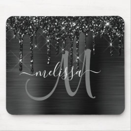 Chic Black Dripping Glitzer Metal Monogram Mousepad