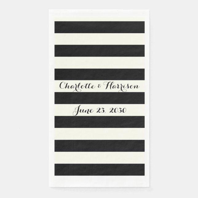 Chic Black Elfenbeinstreifen Skriptnamen Hochzeit Serviette (Vorderseite)