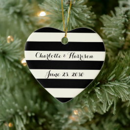 Chic Black Elfenbeinstripes Skriptnamen Weihnachte Keramik Ornament