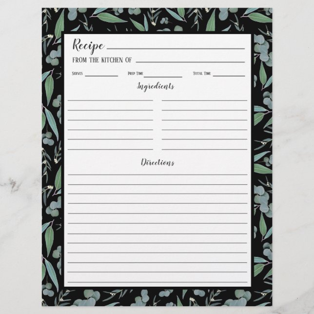 Chic Black Eucalyptus Muster Recipe Binder Page (Vorderseite)
