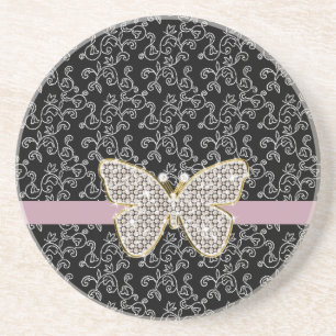 Chic Black Floral Jewel Butterfly Getränkeuntersetzer