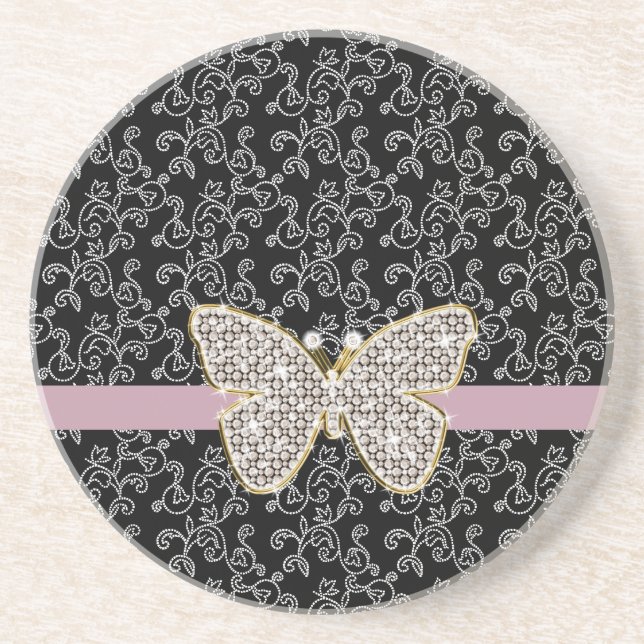 Chic Black Floral Jewel Butterfly Getränkeuntersetzer (Vorne)