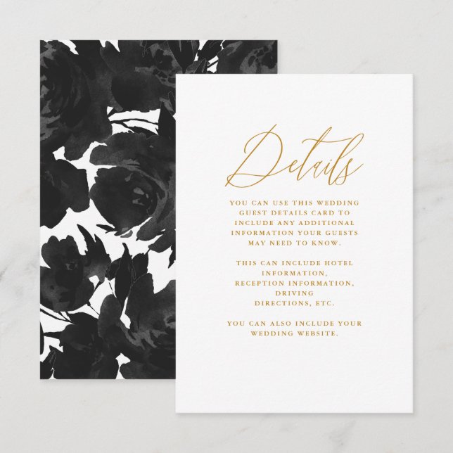 Chic Black Floral mit Calligrafy Wedding Begleitkarte (Vorne/Hinten)