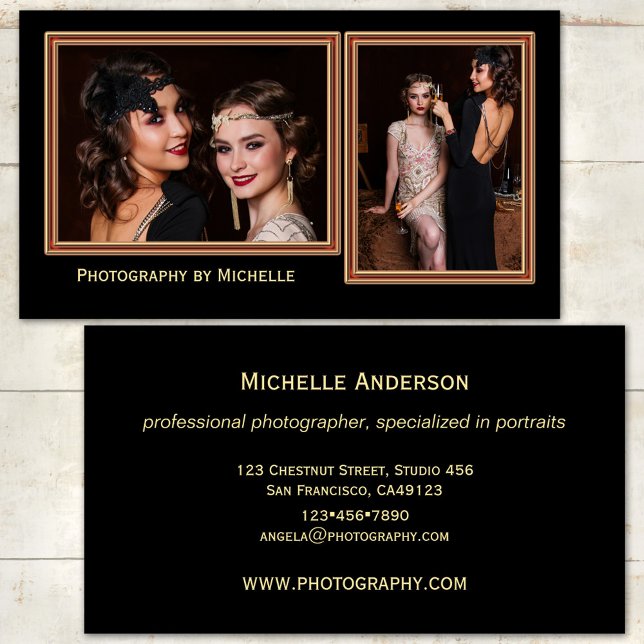 Chic Black Fotograf Business Card Visitenkarte (Photographer business card featuring your photos framed by a rose gold lining on black )