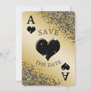Chic Black Glitzer & Ace of Hearts Save the Date Einladung