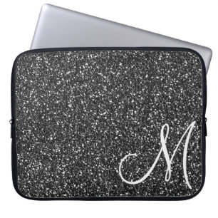 Chic Black Glitzer Monogram Trendy Laptopschutzhülle