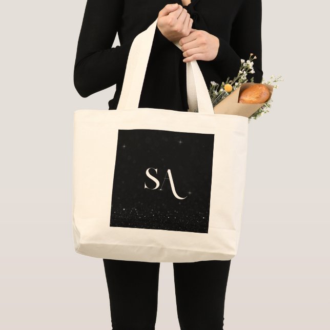 Chic Black Glitzer Tote Bag mit Initialen Jumbo Stoffbeutel (Vorderseite (Produkt))