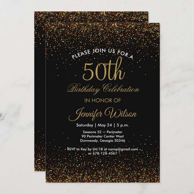 Chic Black & Gold 50. Geburtstag Einladung (Vorne/Hinten)