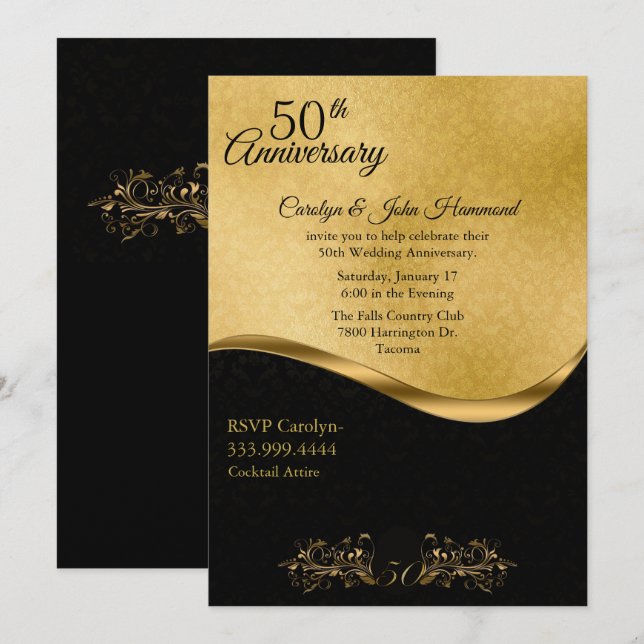 Chic Black & Gold 50. Hochzeitstag Einladung (Vorne/Hinten)