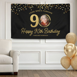 Chic Black Gold 90. Geburtstagsparty Custom Foto Banner