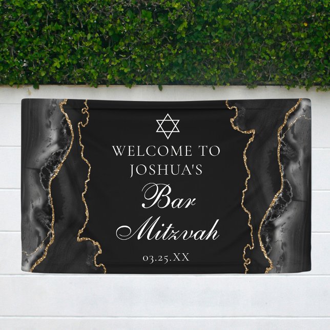 Chic Black Gold Agate Bar Mitzvah Party Banner (Von Creator hochgeladen)