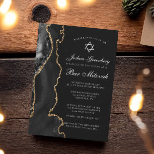 Chic Black Gold Agate Bar Mitzvah Party Einladung