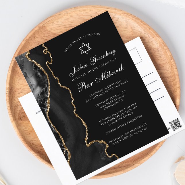 Chic Black Gold Agate Bar Mitzvah Party Einladung Postkarte (Von Creator hochgeladen)