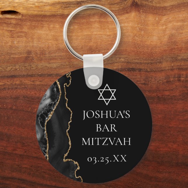 Chic Black Gold Agate Bar Mitzvah Party Schlüsselanhänger (Vorderseite)