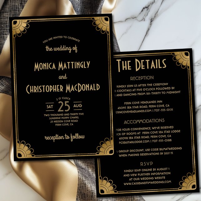 Chic Black Gold Art Deco Floral All-in-One Hochzei Einladung (Classy black and gold all-in-one art deco wedding invitation with details on back)