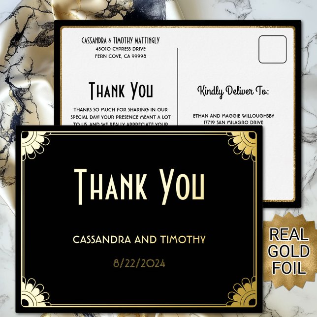 Chic Black Gold Art Deco Floral Wedding Vielen Dan Folie Einladungspostkarte (Von Creator hochgeladen)