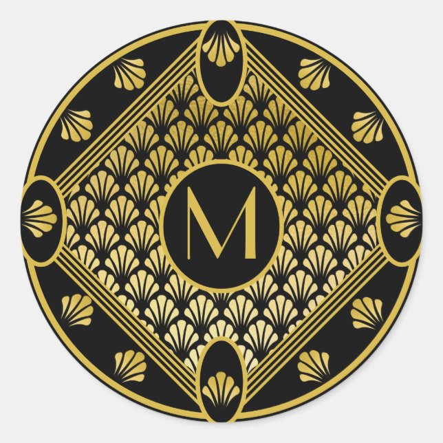 Chic Black & Gold Art Deco Lüftermuster Monogramm Runder Aufkleber (Vorderseite)