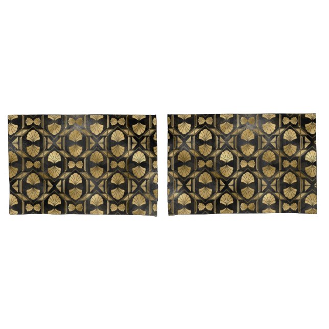 Chic Black & Gold Art Deco Muschel Muster Kissenbezug (Vorderseite-Set)