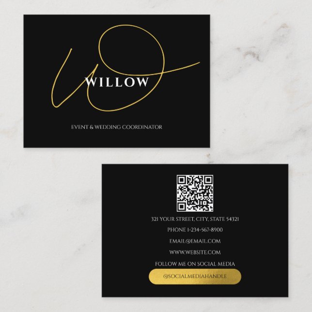 Chic Black & Gold Calligraphy Script QR Code Visitenkarte (Vorne/Hinten)