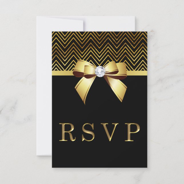 Chic Black Gold Chevrons Diamond Bow UAWG RSVP Karte (Vorderseite)