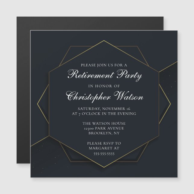 Chic Black Gold Custom Retirement Party Magneteinladung (Vorne/Hinten)