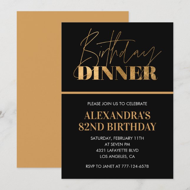 Chic Black Gold Dinner 82e anniversaire invitation (Devant / Derrière)