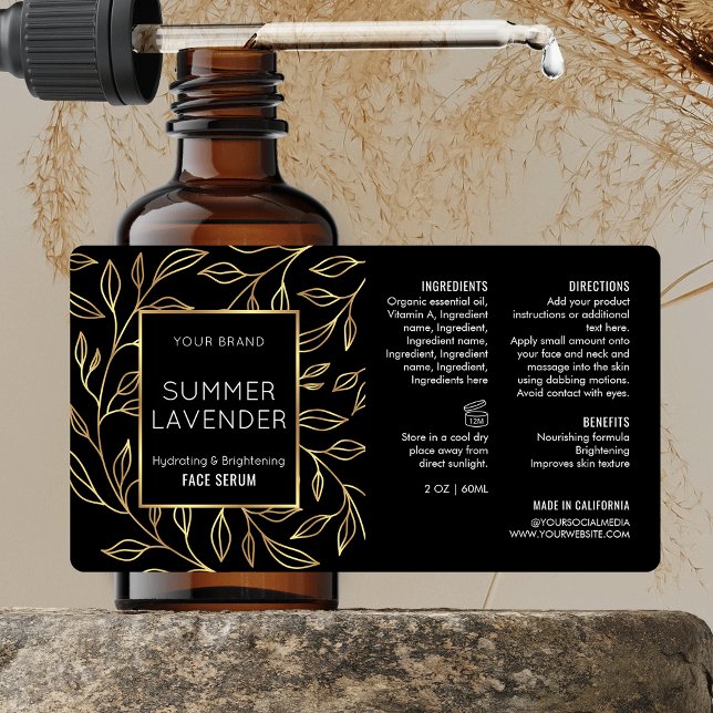 Chic Black & Gold Floral 2 OZ Dropper Flaschenetik (Elegant black and gold floral cosmo bottle wraparound label for 2 OZ dropper bottles *verify size*)