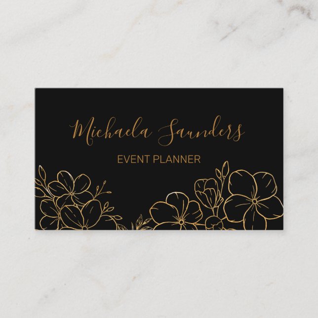Chic Black Gold Floral Line Zeichnend Veranstaltun Visitenkarte (Vorderseite)