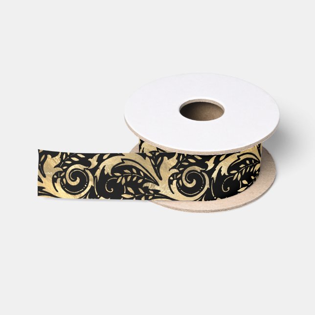 Chic Black Gold Floral Scroll Modernes Design Satinband (Spule)