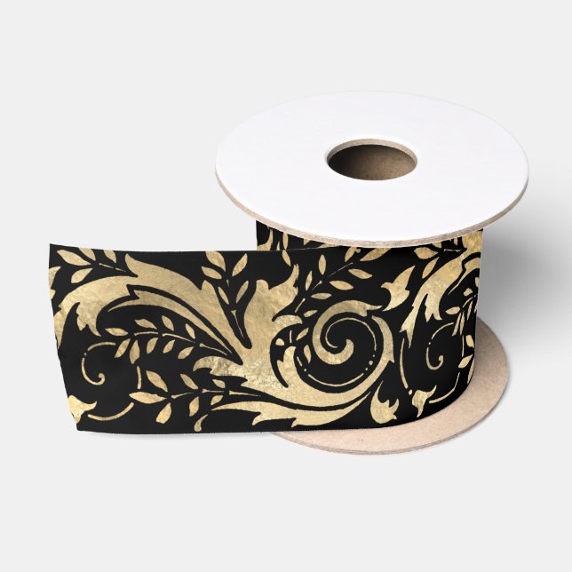Chic Black Gold Floral Scroll Modernes Design Satinband (Spule)